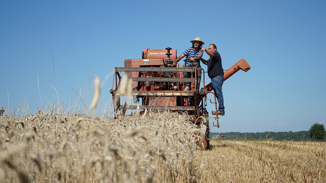 "Two farm workers on machinery"