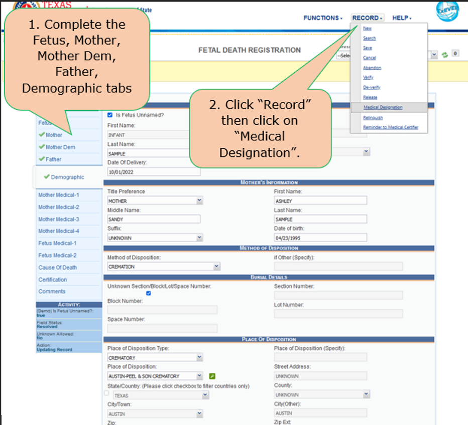 "Application Screen Shot - Fetal Death Reporting Changes in TxEVER"