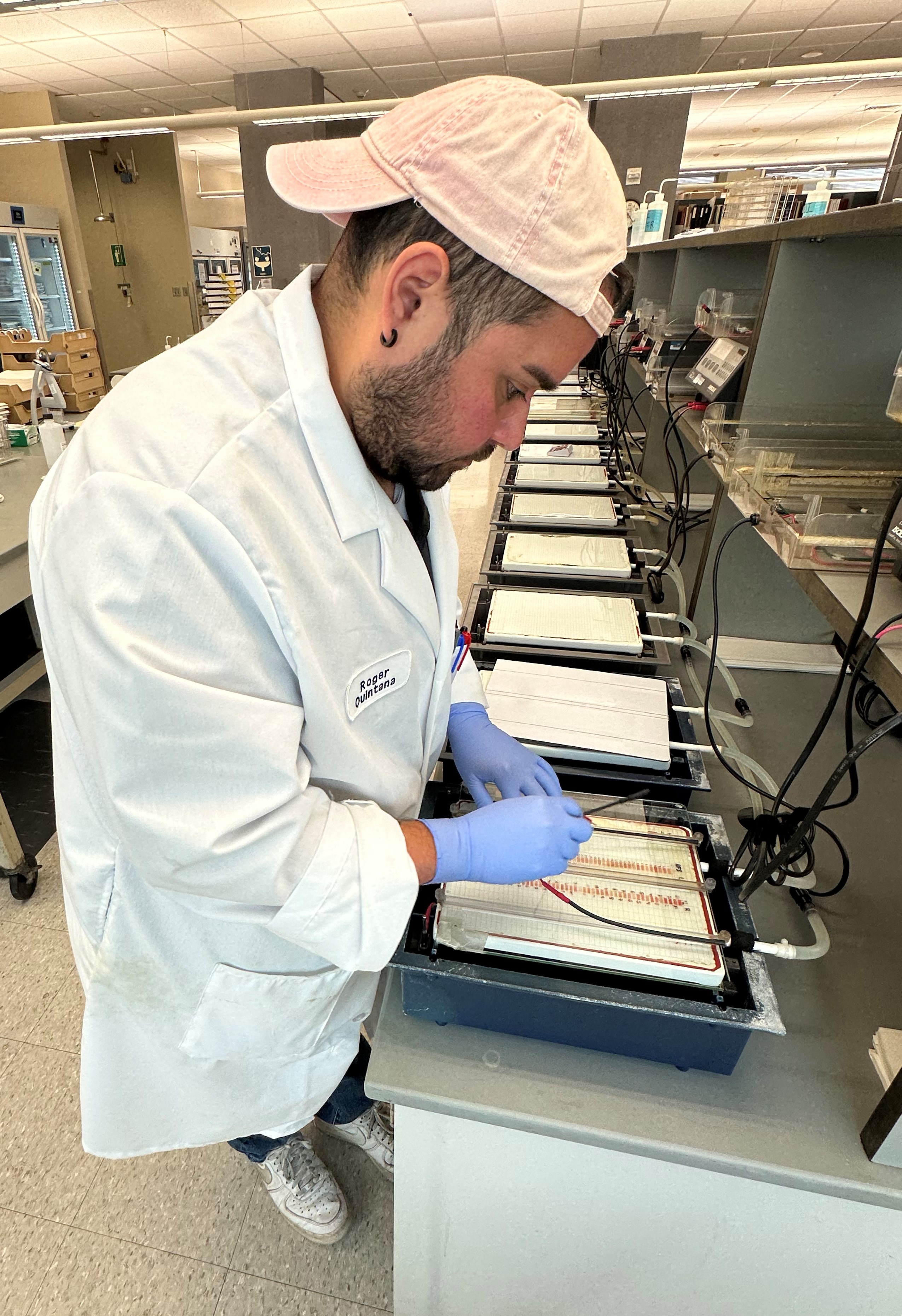 Lab Technician loads gel unto instrument. 