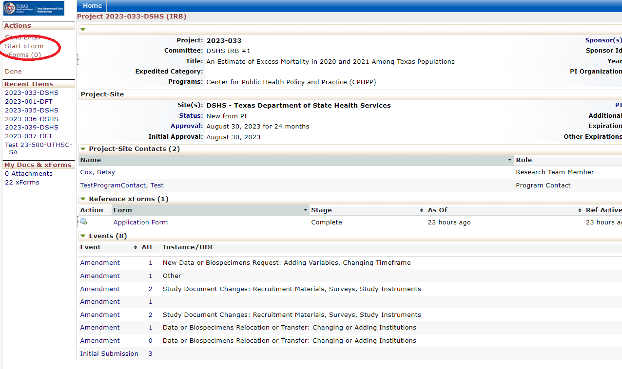 "Screenshot of Protocol Details with Start xForm Highlighted"