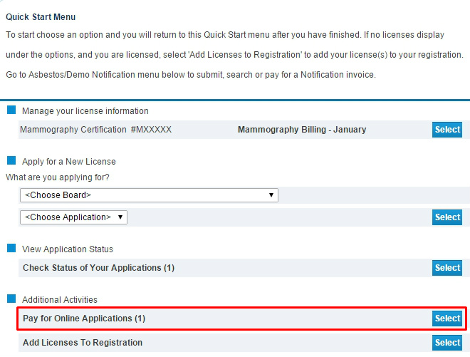 Quick Start Menu - Pay for Online Applications